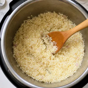 Arborio rice stirred into the butter and aromatics to toast in the Instant Pot.