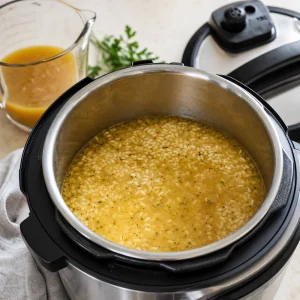 Broth added to the risotto rice in the Instant Pot before pressure cooking.
