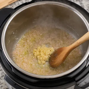 Minced shallot and garlic softening in butter inside the Instant Pot.