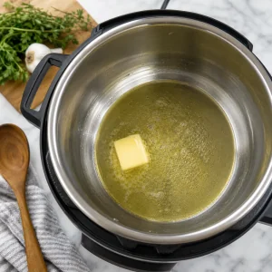 Olive oil and butter melting in the Instant Pot before starting Parmesan risotto.