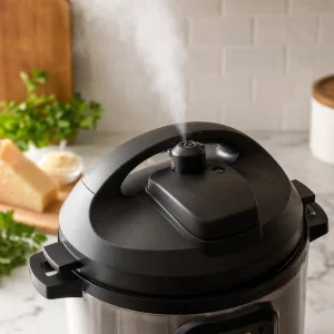 Steam venting from the Instant Pot valve during a quick pressure release.