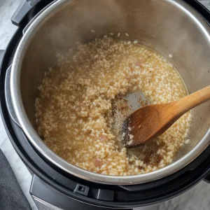 White wine simmering with toasted Arborio rice while the bottom of the pot is deglazed.
