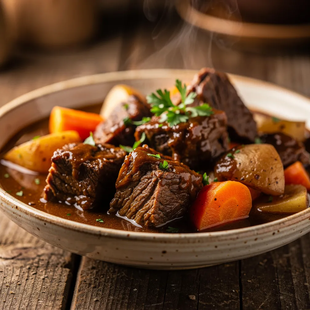 A rustic bowl of hearty beef stew with large chunks of beef and carrots in a rich brown gravy