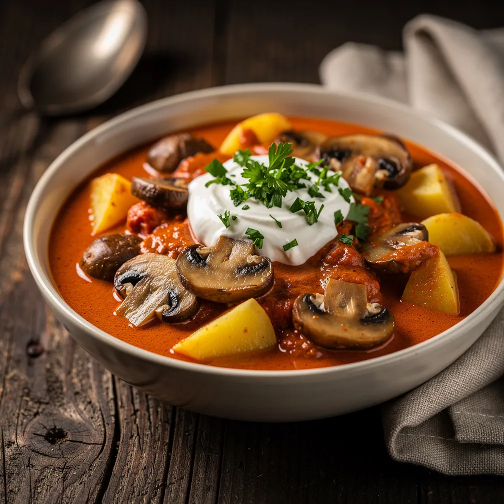 A bowl of creamy mushroom and potato paprikash garnished with fresh parsley and sour cream