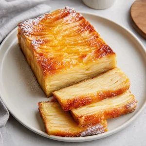 Sliced invisible apple cake with glossy top on a plate