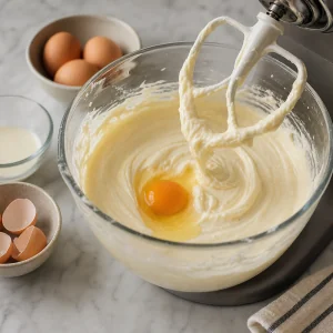 Um ovo adicionado à massa lisa de cheesecake em uma tigela.