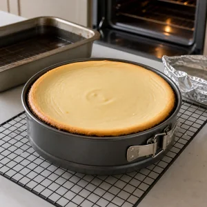 Cheesecake assado esfriando na forma sobre uma grade.