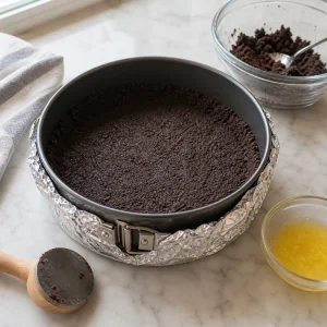 Base de farelo de biscoito de chocolate pressionada na forma de aro removível.