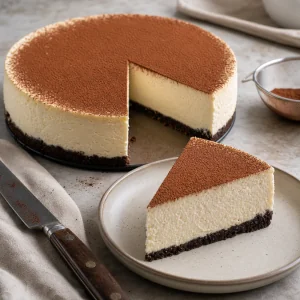 Cheesecake polvilhado com cacau, com fatia limpa e base de chocolate.