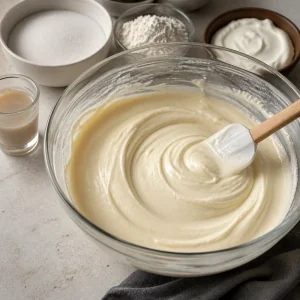 Massa brilhante de cheesecake em uma tigela de vidro.