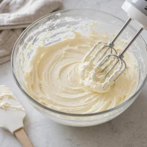 Cream cheese amolecido e liso em uma tigela com batedores.