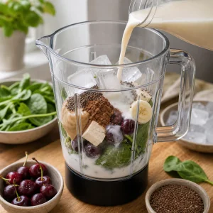 Latte di mandorla e ghiaccio aggiunti al frullatore