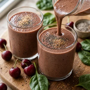 Frullato cioccolato e ciliegia versato in due bicchieri con semi