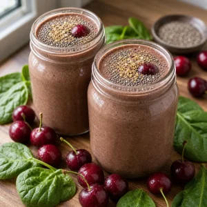 Frullati cioccolato e ciliegia finiti con chia, lino e ciliegie