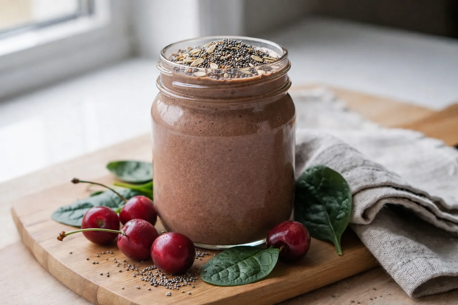 Iron-Rich Chocolate Cherry Smoothie with Spinach and Flax