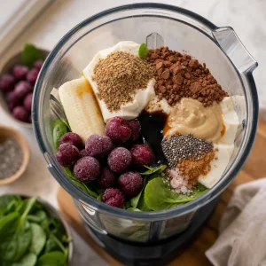 Ingredienti del frullato a strati nel bicchiere del frullatore