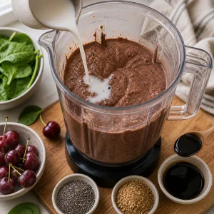 Frullato denso al cioccolato regolato con latte di mandorla e melassa