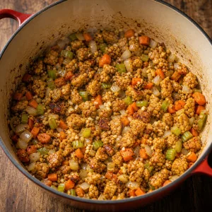 Zerbroeselter Tempeh braeunt mit Knoblauch und Gemuese