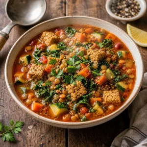 Fertige Minestrone mit Petersilie und Olivenoel