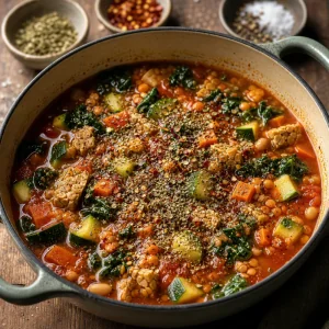 Kraeuter, Pfeffer und Chiliflocken auf der Suppe