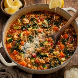 Zitronensaft und Parmesan werden in Minestrone geruehrt