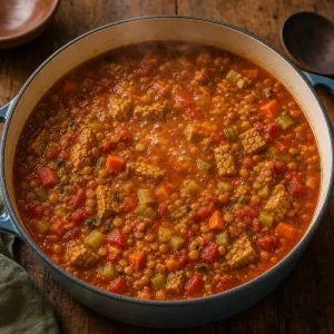 Linsen-Tomaten-Suppe koechelt mit kleinen Blasen
