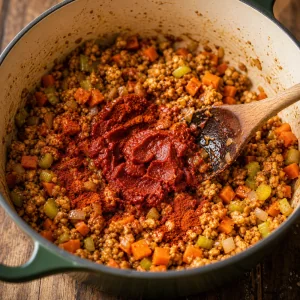 Tomatenmark und Rauchpaprika umhuellen Tempeh