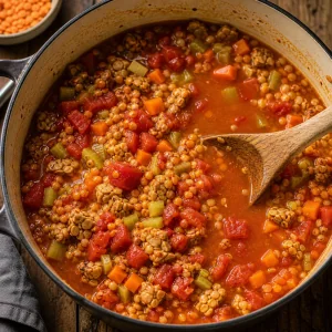 Tomaten, rote Linsen und Bruehe werden im Topf verruehrt