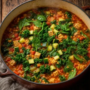 Zucchini, Gruenkohl und Spinat fallen in der Minestrone zusammen