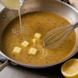Butter and lemon juice being whisked into a glossy pan sauce