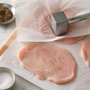 Chicken cutlets being flattened between parchment with salt and pepper nearby