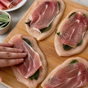 Chicken cutlets topped with sage leaves and thin prosciutto slices