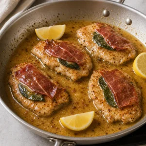Chicken saltimbocca cutlets coated with pan sauce in the skillet with lemon wedges