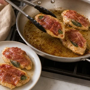Cooked chicken saltimbocca being lifted from the skillet to a warm plate