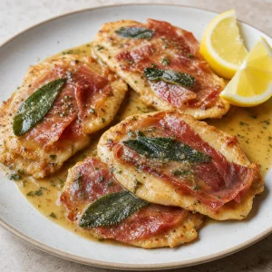 Finished chicken saltimbocca with prosciutto, sage, lemon, and pan sauce