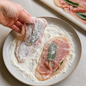 Prosciutto-topped chicken cutlets being lightly coated in flour