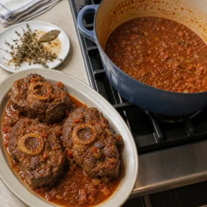 Braised veal shanks on a platter beside reducing sauce