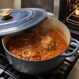 Covered Dutch oven with osso buco braising sauce