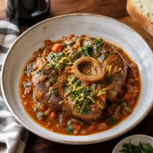 Finished osso buco with tomato sauce and gremolata