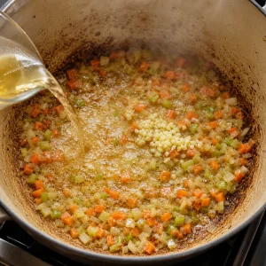 White wine deglazing vegetables and garlic in the pot