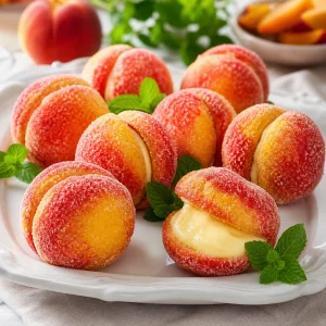 Finished peach-shaped Italian cookies on a platter