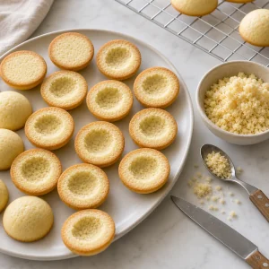 Hollowed cookie halves with crumbs in a bowl
