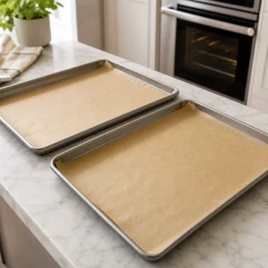 Parchment-lined baking sheets ready for cookie dough
