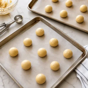 Smooth balls of cookie dough spaced on a lined sheet