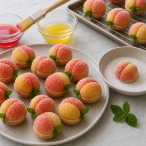 Sugar-coated peach cookies tinted red and yellow