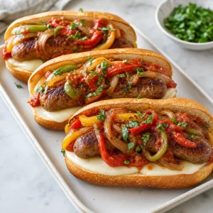 Assembled sausage and peppers sandwiches with herbs