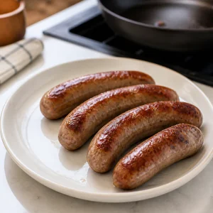 Browned sausage links resting on a plate