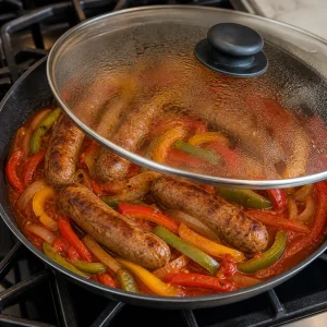 Covered skillet simmering sausage and peppers