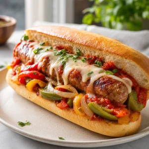 Italian sausage and peppers sandwich in a toasted roll