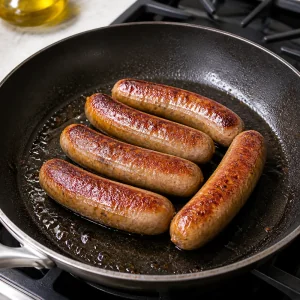 Italian sausage links browning in a skillet